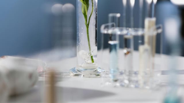 A detailed shot of test tubes and a plant stem in a lab environment, highlighting scientific research.