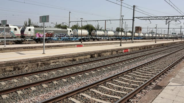 Cargo trains parked at Estación Linares-Baeza on a bright summer day, showcasing rail infrastructure.