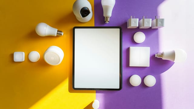 Top view of smart home devices and tablet on split yellow and purple background.