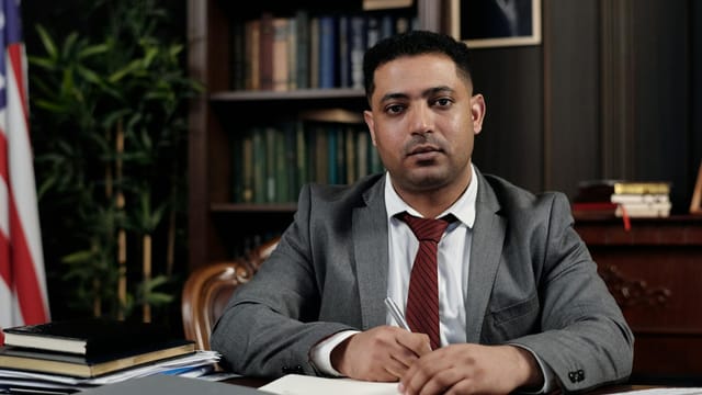A serious businessman in a suit writing at his desk in a formal office setting.