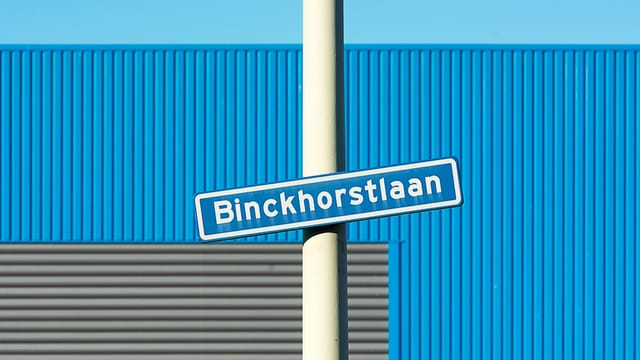 Street sign of Binckhorstlaan with blue and grey industrial building background.