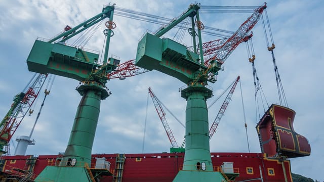 View of large cranes in an Onomichi shipyard, Hiroshima, Japan.