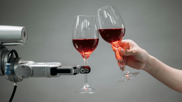 A robot and a human hand clinking glasses of red wine, symbolizing technology and celebration.