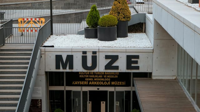 Modern entrance to Kayseri Archaeological Museum with distinctive architecture.