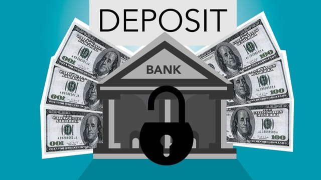 Decorative cardboard illustration of lock on bank with American paper money under Deposit inscription on blue background