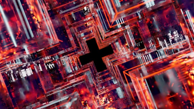 A vibrant 3D rendering of geometric digital art with a futuristic design.