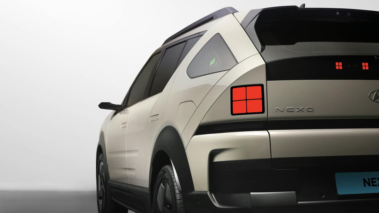 Detailed rear view of the Hyundai Nexo FCEV captured in a modern studio setting.