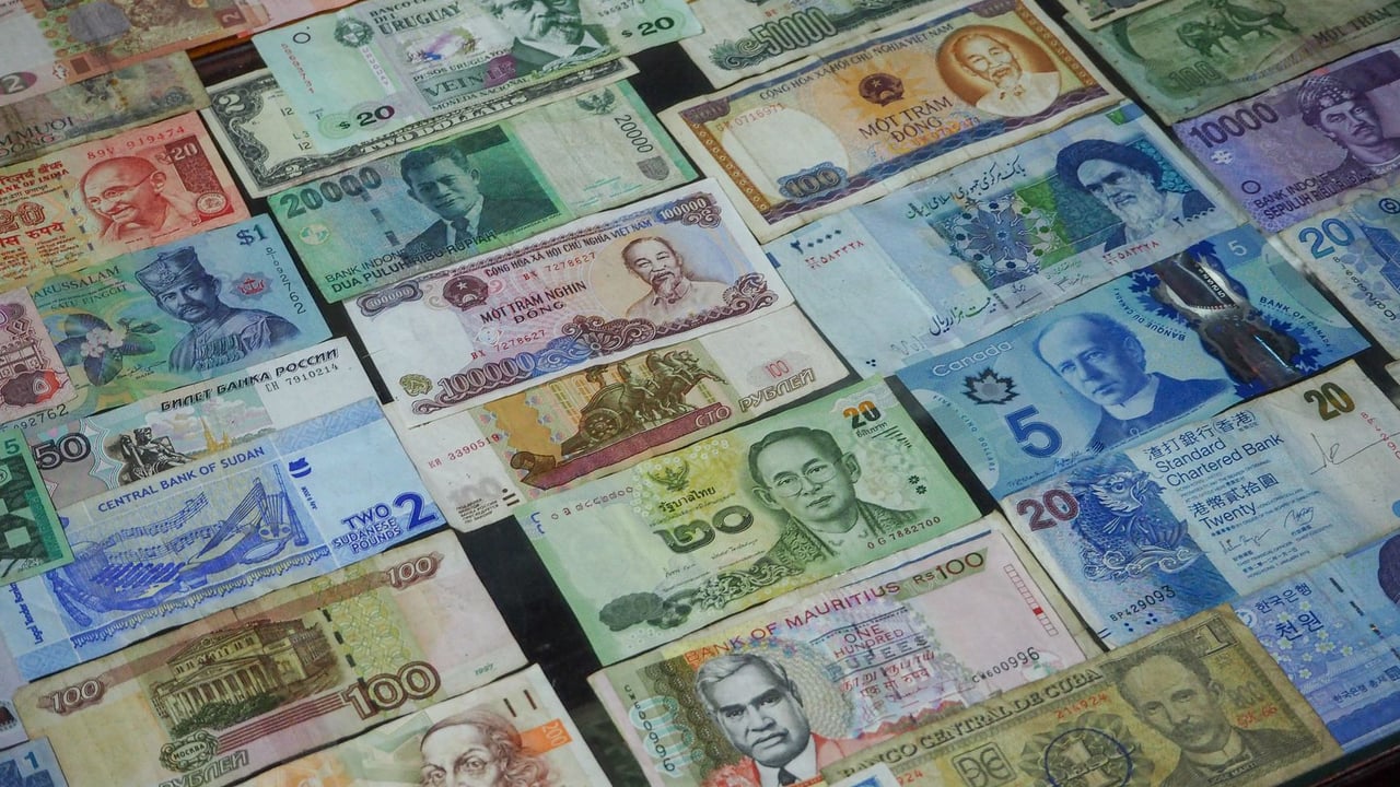 From above collection of various colorful banknotes from different countries arranged in row on table