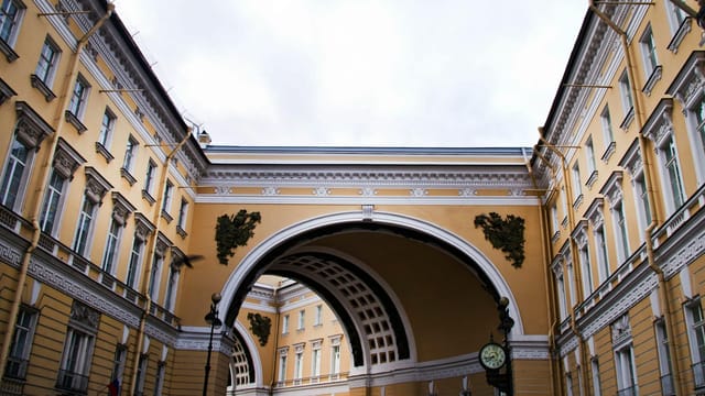 Low-angle view of historic General Staff Building Arch in Saint Petersburg, Russia.