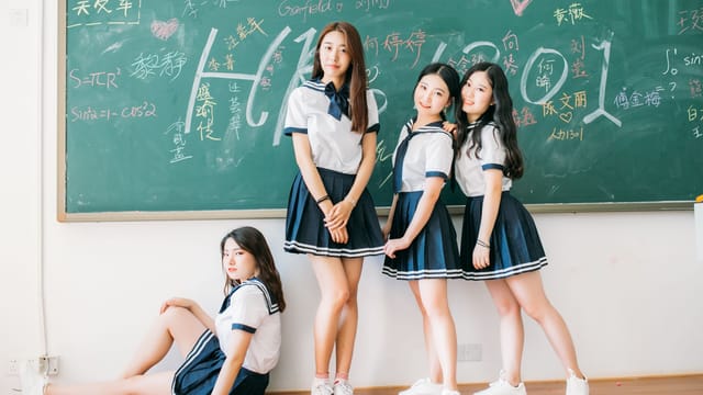 Four teenagers in school uniforms pose in front of a classroom chalkboard with math equations.