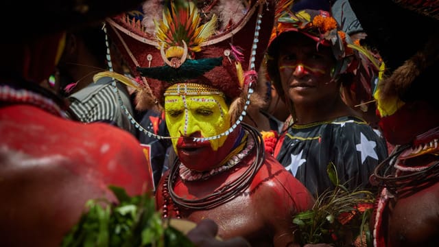 Vibrantly dressed participants in traditional Papua New Guinean attire during a cultural festival.