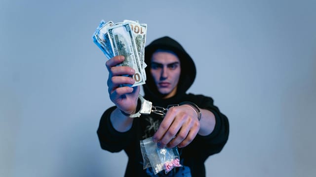 Handcuffed man in a hoodie holding cash and drugs, depicting crime and addiction.