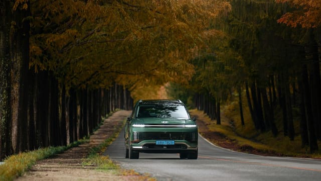 Electric vehicle on a scenic road with autumn foliage highlighting eco-friendly travel.