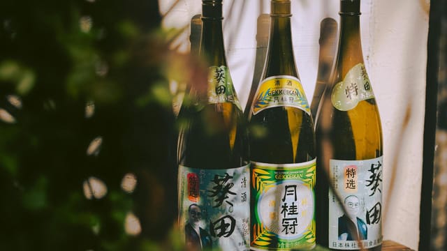 Three traditional Japanese sake bottles with distinctive labels in a natural setting.