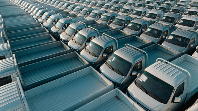 Aerial perspective showcasing a vast array of new silver pickup trucks parked in an orderly fashion.
