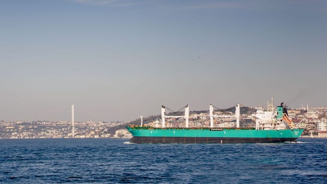 Cargo ship navigating the Bosphorus Strait near Istanbul with a clear skyline and the Bosphorus Bridge.