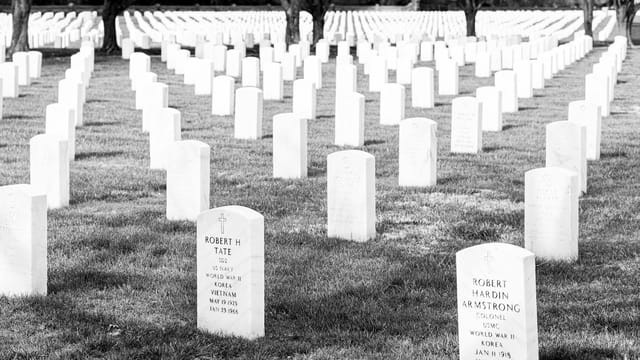 Black and white image of a military cemetery with rows of uniform headstones under trees in Hampton, Virginia.