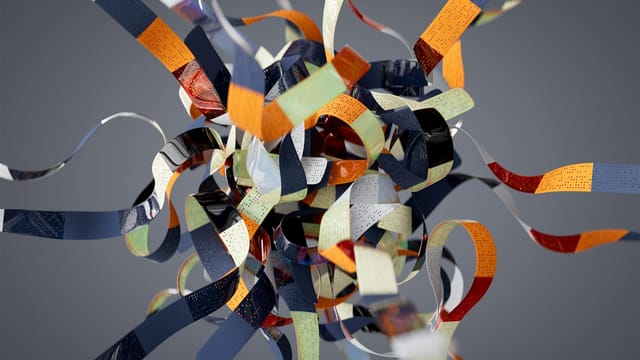 Colorful 3D ribbons swirl in a dynamic, abstract digital art composition.