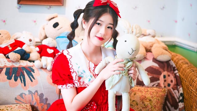 A young girl joyfully holding a plush rabbit toy in a cozy room filled with stuffed animals.