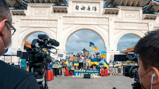 Taiwanese protest supporting Ukraine at Liberty Square Arch in Taipei.