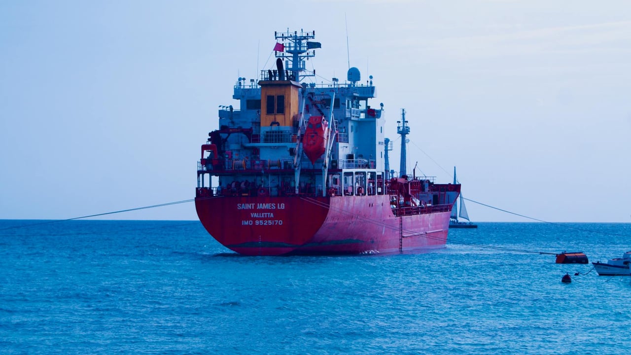 A red cargo ship sails in the calm blue ocean under a clear sky.