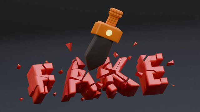 3D visualization of the word 'fake' being shattered by a dagger symbolizing disinformation.