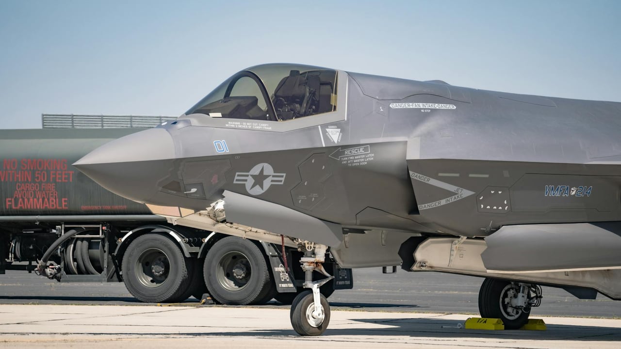 Close-up of an F-35B fighter jet parked at March Air Reserve Base in California.
