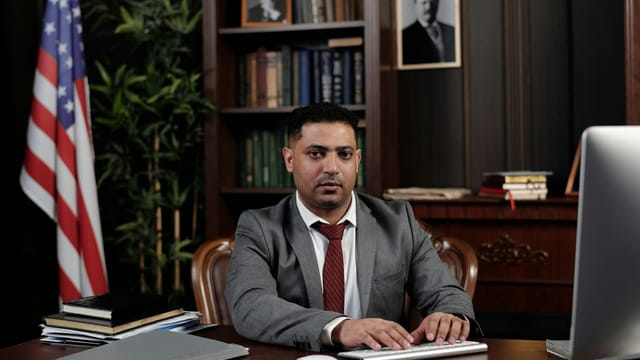 Corporate professional sitting at desk with American flag in office.