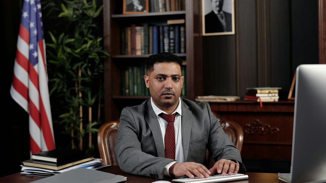 Corporate professional sitting at desk with American flag in office.