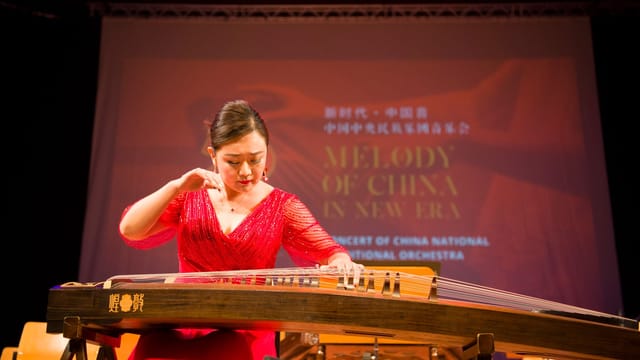 A female musician plays the guzheng during a traditional Chinese concert indoors.