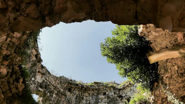 View of a historic stone arch with greenery under clear sky, showcasing ancient architecture.