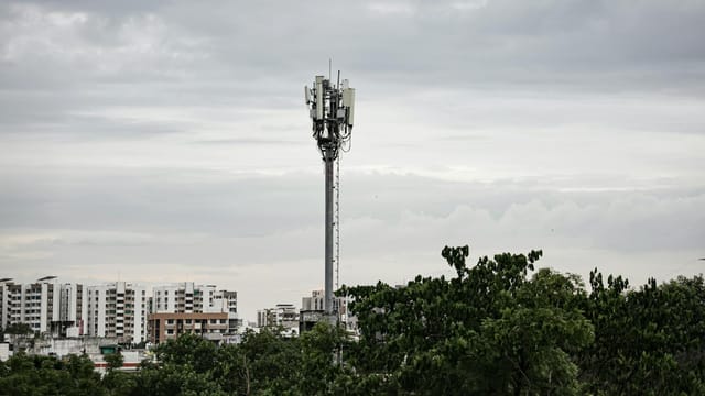 Cell tower rising above trees with urban high-rise buildings under a cloudy sky.