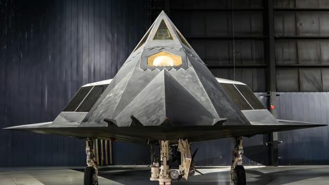 Front view of the iconic F-117 Nighthawk Stealth Fighter at a Dayton museum.