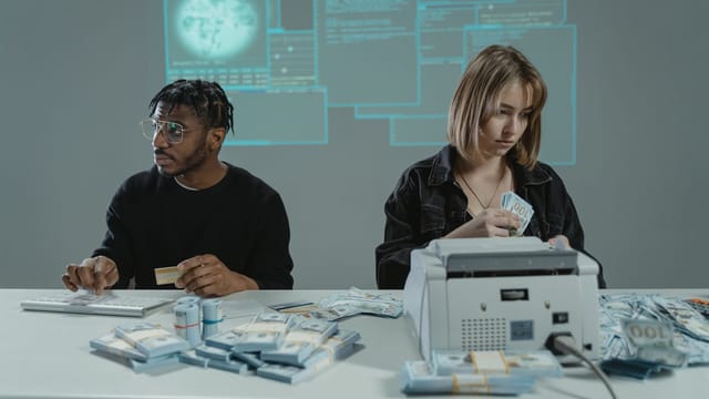 Two individuals counting US dollar bills with a money machine, highlighting finance themes.