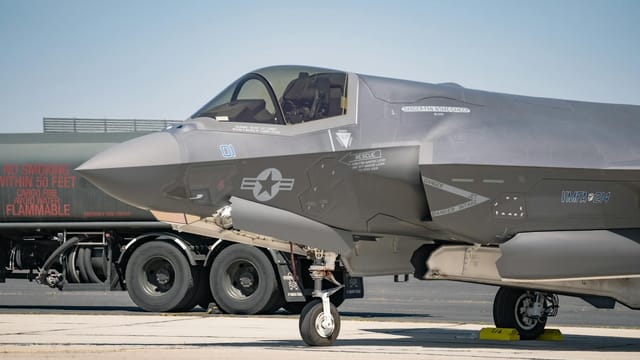 Close-up of an F-35B fighter jet parked at March Air Reserve Base in California.