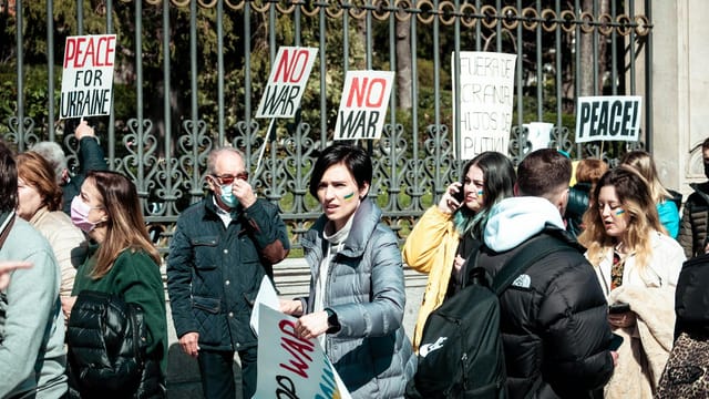 A peaceful protest in Madrid advocating for Ukraine, featuring diverse participants with signs.
