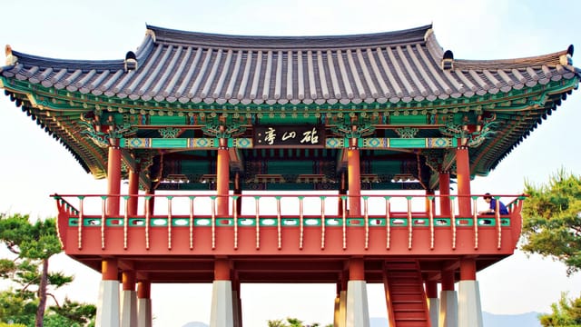 Beautiful traditional Korean pavilion in Daegu, showcasing intricate architecture and vibrant colors.