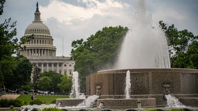 A scenic view of the US Capitol building with a fountain in the forefront, surrounded by lush greenery.