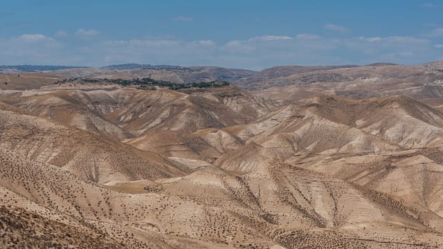 Breathtaking view of Israel's arid desert terrain with rolling hills under a clear sky.