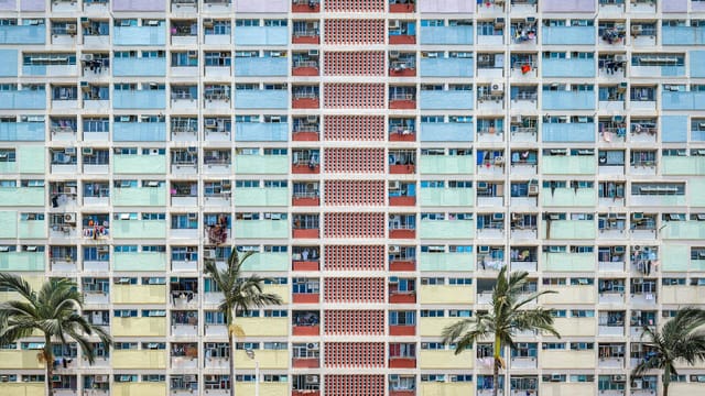 Vibrant facade of an apartment building in Hong Kong with palm trees in the foreground.