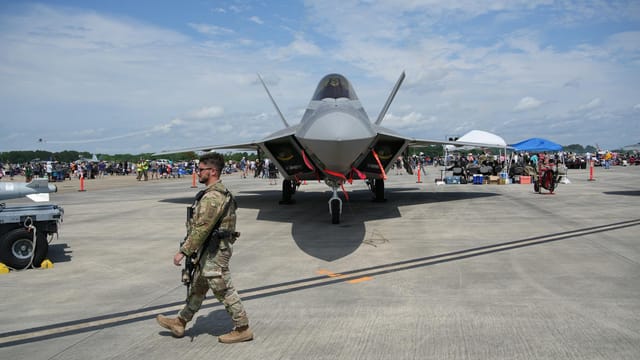 American military fighter jet displayed at an air show in Hampton, Virginia.