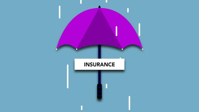 Decorative cardboard illustration of signboard with Insurance title under umbrella in rain on blue background