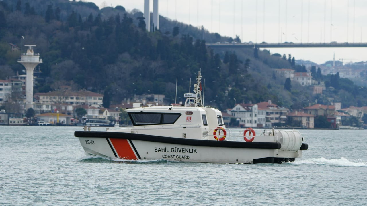 A Coast Guard patrol boat navigates the Bosphorus Strait in Istanbul, Turkey.