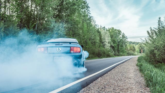 A Ford Mustang burns rubber on a scenic road, showcasing speed and power.
