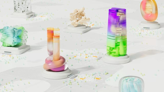 A colorful and vibrant abstract 3D render featuring intricate geometric shapes and structures.