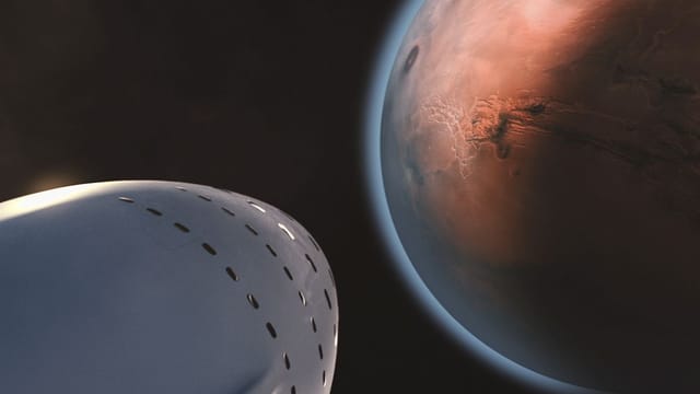 A detailed view of a spaceship approaching Mars, highlighting interplanetary exploration.