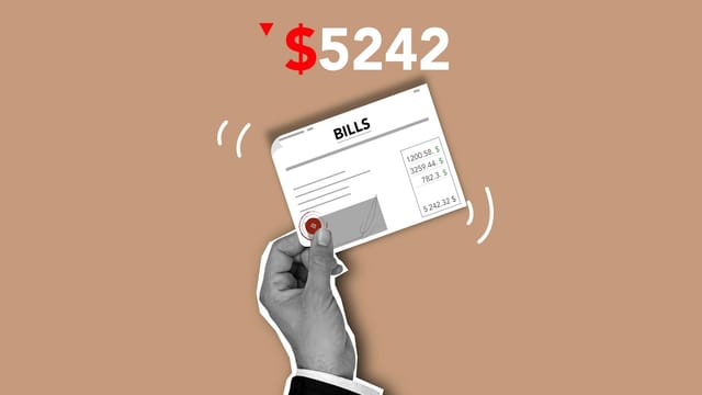 Minimalist artwork depicting bill payment concept with financial elements on a brown background.