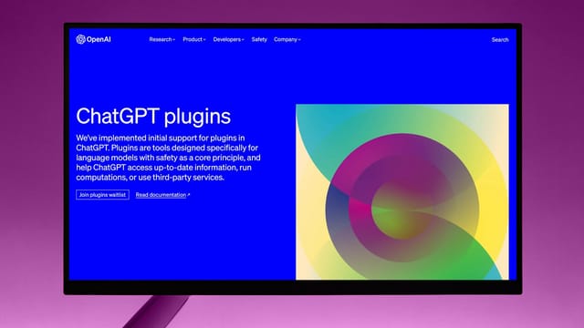 A contemporary screen displaying the ChatGPT plugins interface by OpenAI, highlighting AI technology advancements.