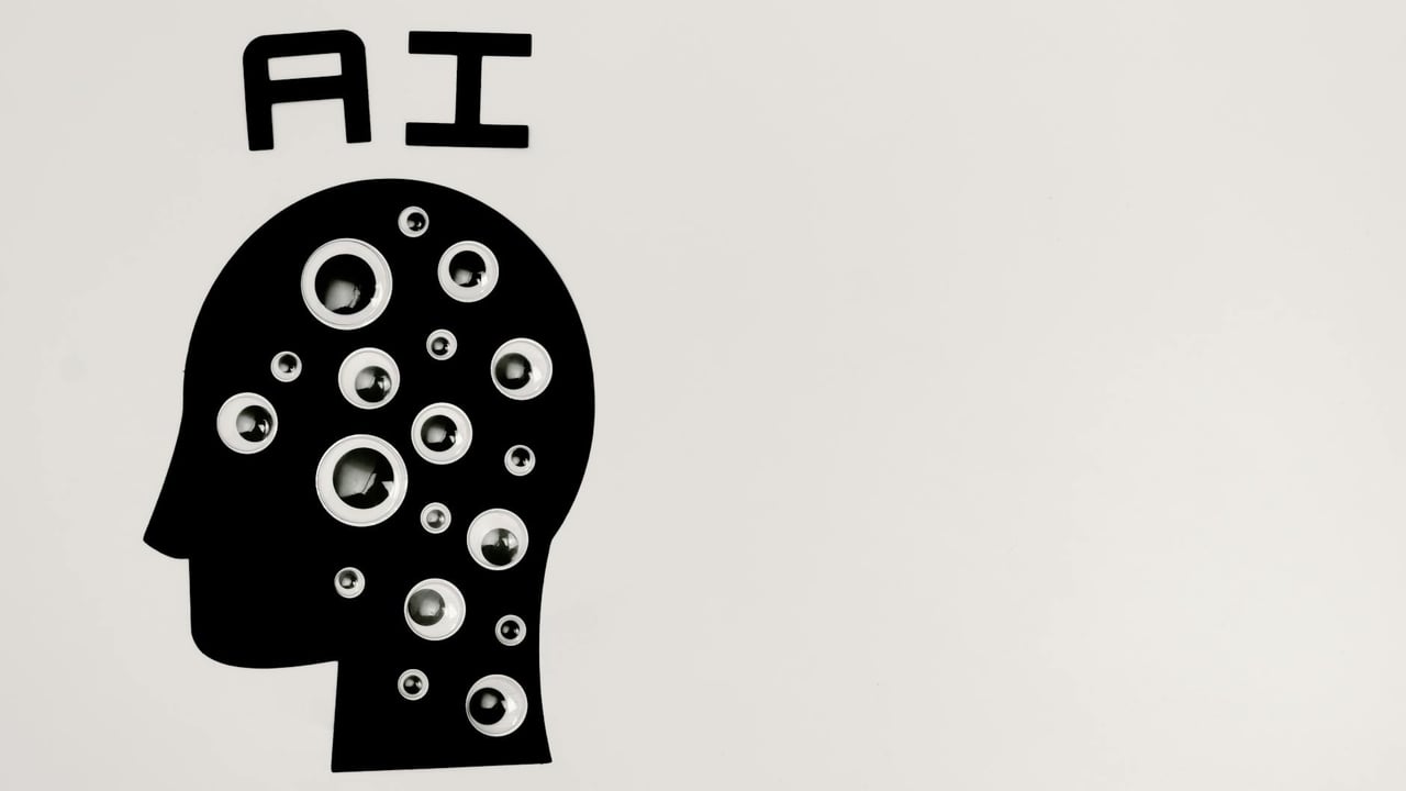 Abstract illustration of AI with silhouette head full of eyes, symbolizing observation and technology.