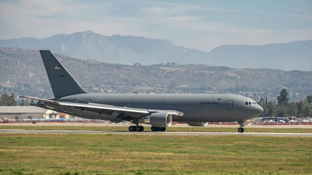 US Air Force Boeing KC-46 Pegasus on runway at March Air Reserve Base, California.